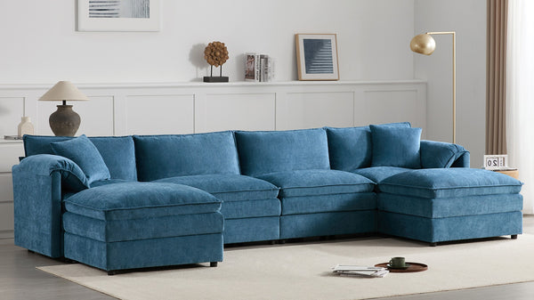 English Elm [new U-shaped Chenille Cloud Sectional 6 Seat Modular Sofa with Movable Ottoman Blue N723S6546C