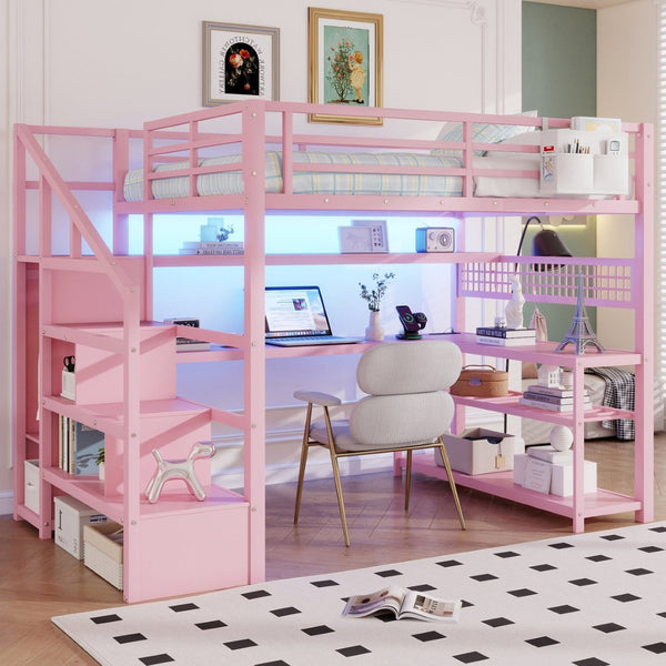 English Elm Full Size Steel Loft Bed with Staircase Storage Wardrobe Desk and Led Lighting Pink W2593S00077