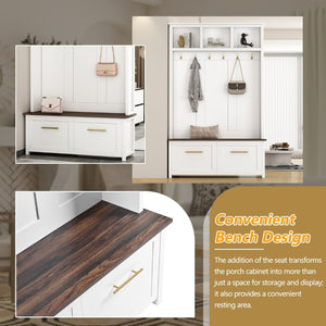 English Elm On-trend Entryway Hall Tree with Gold Hooks Bench Drawers and Shoe Cabinet Storage White N721S000056K-1