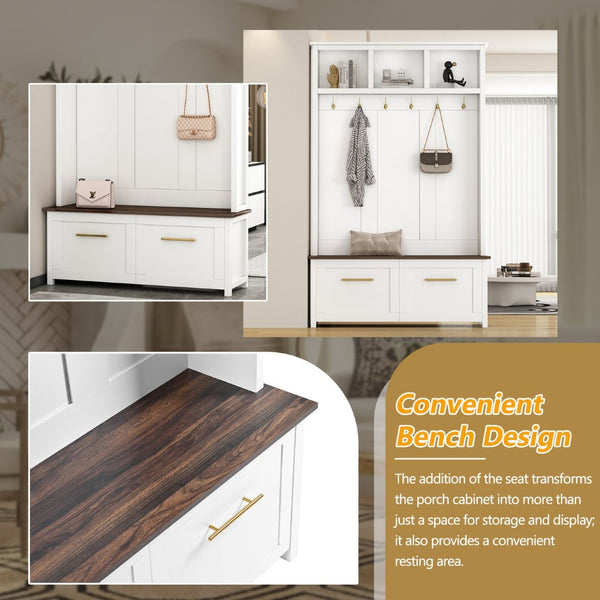 English Elm On-trend Entryway Hall Tree with Gold Hooks Bench Drawers and Shoe Cabinet Storage White N721S000056K-1
