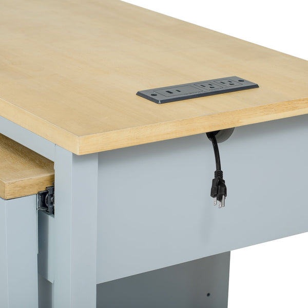 English Elm K&K 47 Inch Kitchen Island with Extendable Dining Table, Rolling Storage Cabinet, Built-In Power Grey+Blue N707P215327G