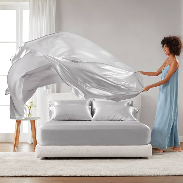 English Elm 4 Luxury Satin Twin Sheet Set - 100% Polyester, Soft Smooth 90g Finish, Deep Pocket Fit & Breathable Comfort LIGHT GREY 11.81 L x 9.84 W x 3.15 H B035P319697