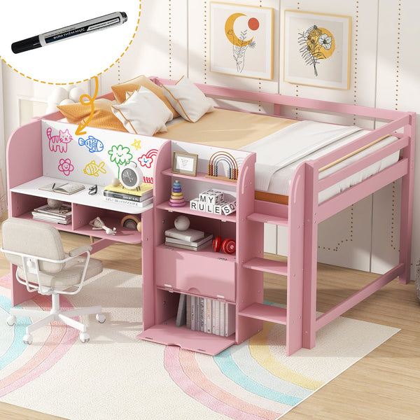 English Elm Full Size Low Loft Bed With Desk, Storage, Bookcase & Fun Whiteboard For Kids - Pink Design N7090005005H
