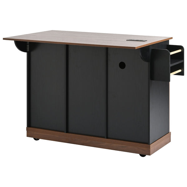 English Elm K&K 55.5" Farmhouse Kitchen Island with Sliding Barn Door, Drop Leaf, Charging Station, Wheels Black N707P288229B