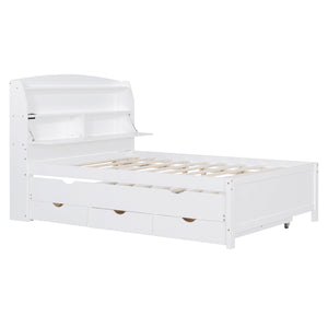 English Elm Full Size Wooden Led Platform Bed With Trundle, Storage Headboard, Usb Ports, And Drawers In White N820S10009K
