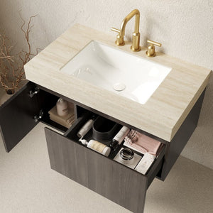 English Elm Muri Floating Bathroom Vanity Plywood Cabinet Travertine Stone Top Espresso W2615S00614