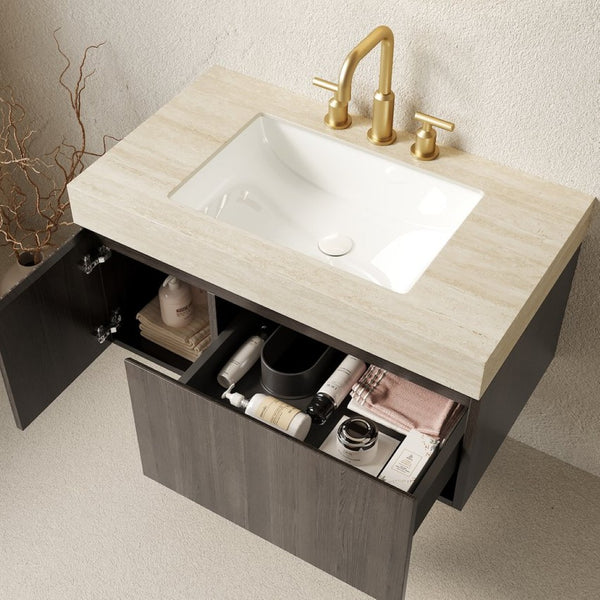 English Elm Muri Floating Bathroom Vanity Plywood Cabinet Travertine Stone Top Espresso W2615S00614