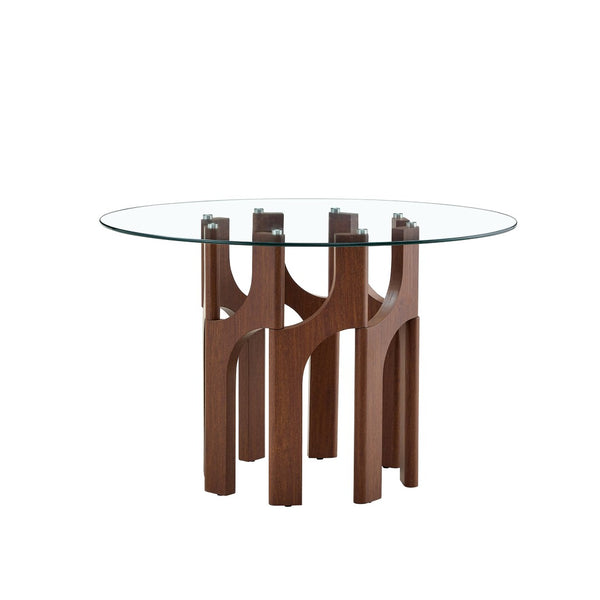 English Elm Round Tempered Glass Dining Table Sculptural Geometric Mdf Base Seats Four Compact Walnut W3875P387156