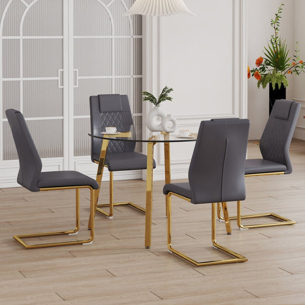 English Elm Table Set: Modern Minimalist Round Glass Dining Table With Elegant Dark Gray Pu Leather Chairs W1151S01716-GIGA