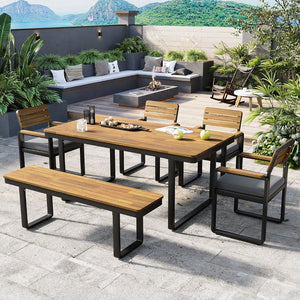 English Elm 6-piece Outdoor Acacia Wood Patio Dining Set with Cushioned Chairs Bench Steel Frame Gray N704G201255E