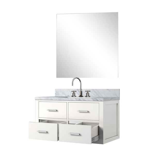 English Elm White Single-Basin Vanity Set With Carrara Marble Top, Frameless Mirror & Chrome Faucet For Elegant Bath B2731S01981-GIGA