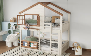 English Elm Full Bunk Bed with Trundle Bookshelf Storage Pine Frame Car Design for Kids W1580S00324