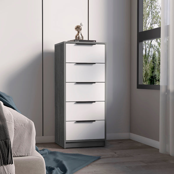 English Elm White 5-Drawer Rectangle Dresser — Bright White Manufactured Wood Storage Chest for Organized Living Spaces B06280498