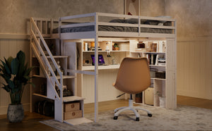 English Elm Full Loft Bed with Integrated Wardrobe Desk Shelving and Led Lighting for Teen Rooms Beige LT000927AAA