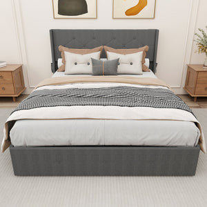 English Elm Full Size bed frame with gas lift storage, modern wingback channel headboard, USB ports included Dark Gray W1960P176242