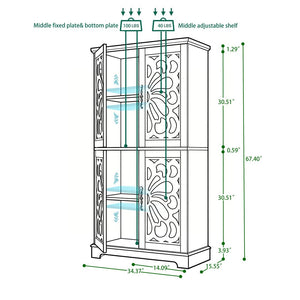 English Elm 67.4"h Mirrored Corner Cabinet Carved Butterfly Doors Adjustable Shelves Entryway Storage Light Gray W2899P374348