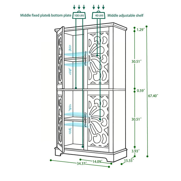English Elm 67.4"h Mirrored Corner Cabinet Carved Butterfly Doors Adjustable Shelves Entryway Storage Light Gray W2899P374348