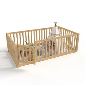 English Elm Twin Floor Bed Pine Wood Frame with Guardrails and Door for Safe Toddler Sleep Natural W1580P417669