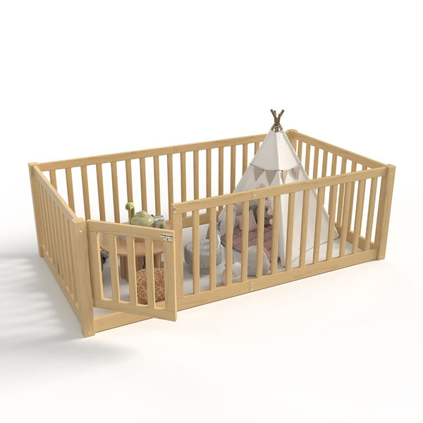 English Elm Twin Floor Bed Pine Wood Frame with Guardrails and Door for Safe Toddler Sleep Natural W1580P417669
