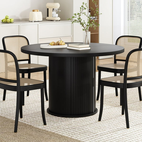 English Elm 43" Round Wood Dining Table with Geometric Metal Base Seats 4 Space Saving Modern Black T3623P433901