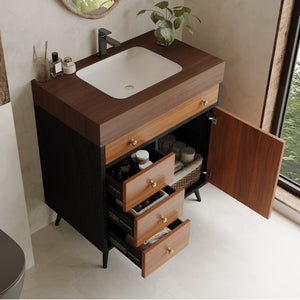 English Elm 29.9" Floating Bathroom Vanity Sintered Stone Top Soft Close Drawers Bronze Gold Hardware Brown,Walnut,White W3136S00045