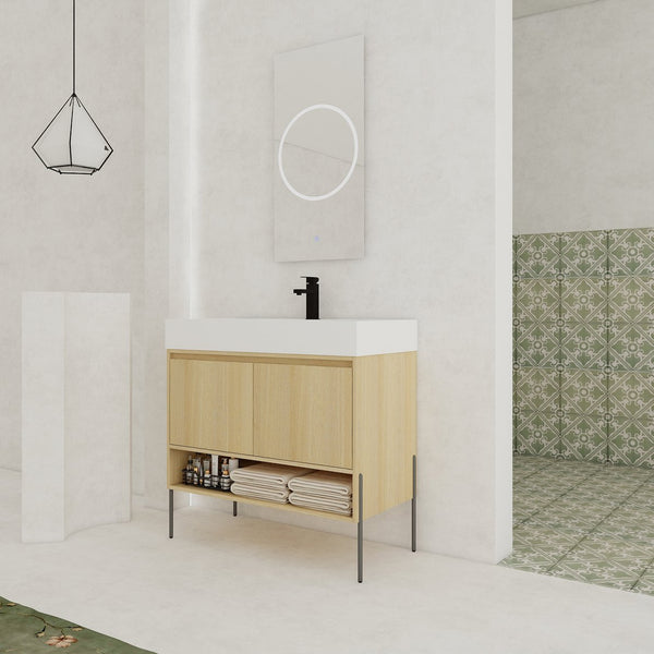 English Elm 36" Bathroom Vanity Combo With Resin Sink, Oak Finish, Stylish Storage & Easy Assembly For Modern Homes W1972S00009