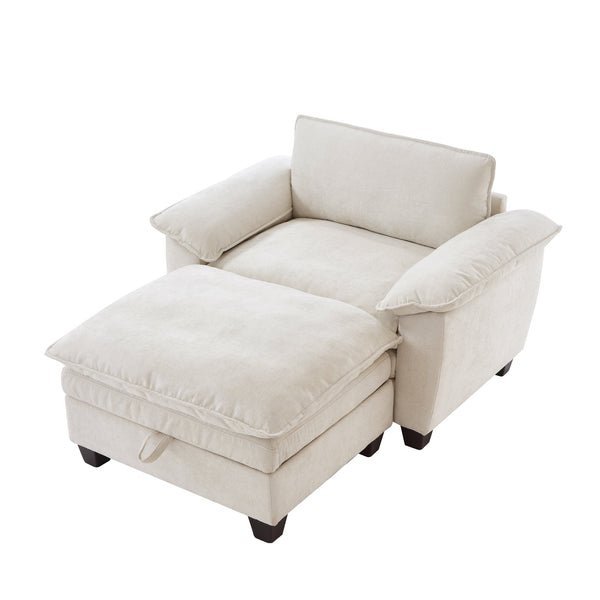 English Elm 51" Oversize Chaise Lounge Chair with Ottoman and Hidden Storage Upholstered in Soft Chenille Comfort Beige W1097S00152