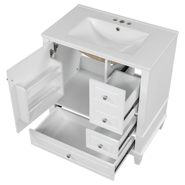 English Elm Christopher Knight Home® - 30" Freestanding Bathroom Vanity with Ceramic Sink, Soft-Close Door, Gold Knobs & 3 Drawers, Durable Painted Finish White N759P225994K