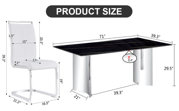 English Elm Table With Glass Top & 8 White Pu Chairs - Elegant Marble Pattern, Stainless Steel Legs, Easy Assembly W1151S02607-GIGA