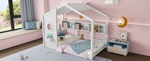 English Elm Twin House Floor Bed for Kids Montessori Playhouse with Roof, Built-In Shelf, Sturdy Pine Frame, Safeologna White 78.6 L x 16.6 W x 6.85 H N733P335064K