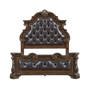 English Elm Formal Queen Bed Pecan Burl Veneer Tufted Headboard Gold Carved Frame Master Suite B011S02303