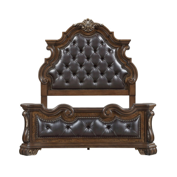 English Elm Formal Queen Bed Pecan Burl Veneer Tufted Headboard Gold Carved Frame Master Suite B011S02303