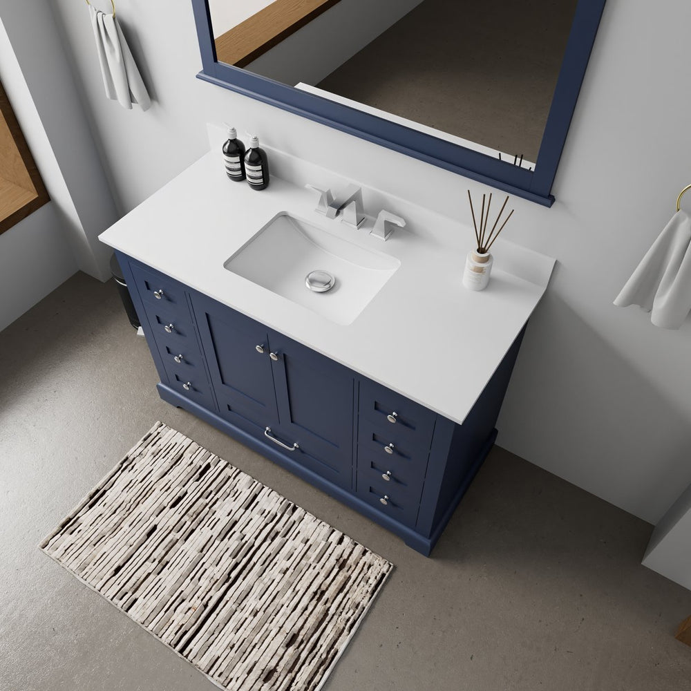 English Elm Navy Single Bath Vanity 48"W x 22"D with White Quartz Top, Chrome Faucet, 46" Mirror, Durable Finish B2731S01239