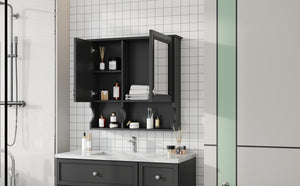 English Elm 30 30 Inch Mirror Medicine Cabinet with Half-Moon Design, Soft-Close Hinges, Open Shelf & Solid-Wood Frame Black N710P322812B