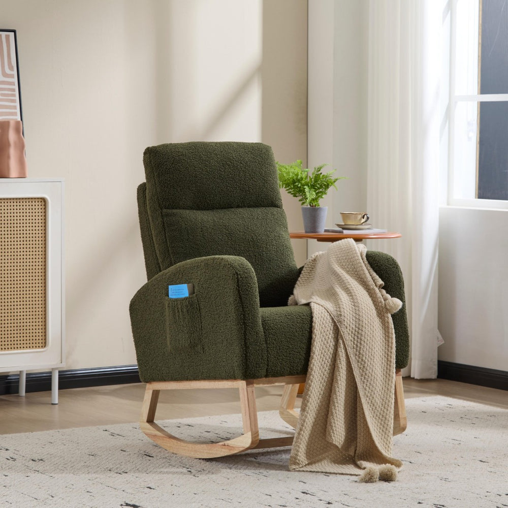 English Elm Modern Upholstered Glider Rocker with Teddy Fabric High Back and Rubberwood Base Green W3723P409071