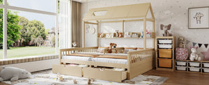 English Elm Double Twin House Bed Pine Wood Frame Kids Playhouse Bunk with Storage Drawers Natural W5305S00007