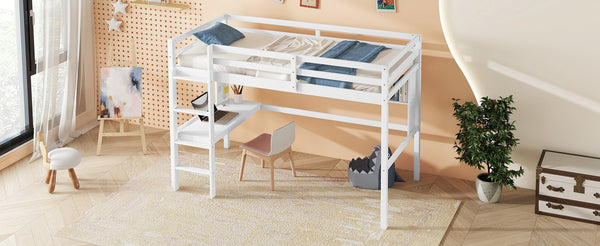English Elm Twin Loft Bed with Built-In Desk and Bookcase, Pine Frame, Safety Guardrail, Ladder for Study Space White W504P181854