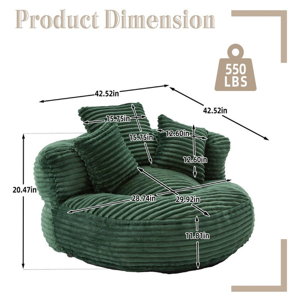English Elm Bean Bag Sofa Oversized Corduroy Floor Lounge Chair with Armrests Pillows Foam Fill Emerald W395P426813