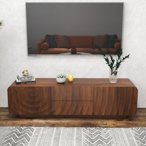 English Elm 58''tv Console Sculpted Spiral Wave Relief Walnut Mid-century Media Stand with Storage Walnut Brown W2263P412380