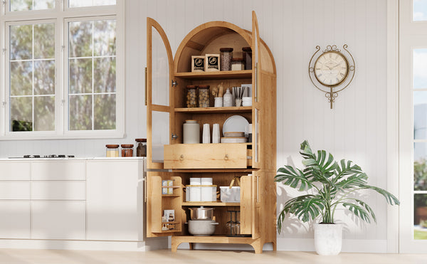 English Elm K&K Arched 71" Kitchen Pantry Cabinet with Glass Doors, Brass Handles, Adjustable Shelves & Drawer Natural N707P288969Y