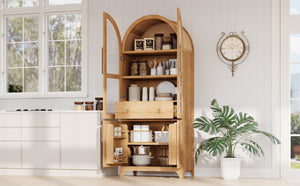 English Elm K&k Arched Farmhouse Pantry Cabinet Glass Doors Hidden Drawer Two Tone Kitchen Storage Natural N707S288969Y