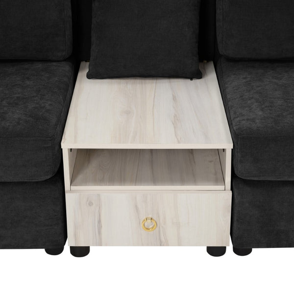 English Elm Modern Chenille Modular Sofa with Built-in Console Storage Armrest for Living Room Black N763S000063B