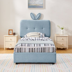 English Elm Twin Kids Boucle Upholstered Bed Rabbit Ear Headboard Led Lighting Four Storage Drawers Navy W1413P384922