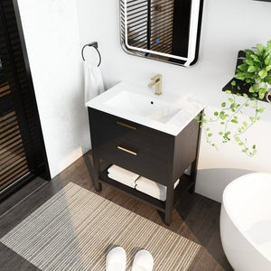 English Elm 30 inch Freestanding Bathroom Vanity with Ceramic Sink, 2 Soft-Close Drawers, Golden Metal Handles, Sturdy Legs, Easy Install — Durable Storage & Elegant Finish W999S00121