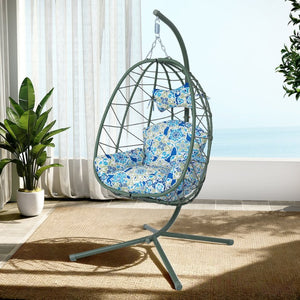 English Elm Hanging Egg Chair with Woven Pe Wicker Stand for Patio Balcony and Indoor Comfort T5880P497578