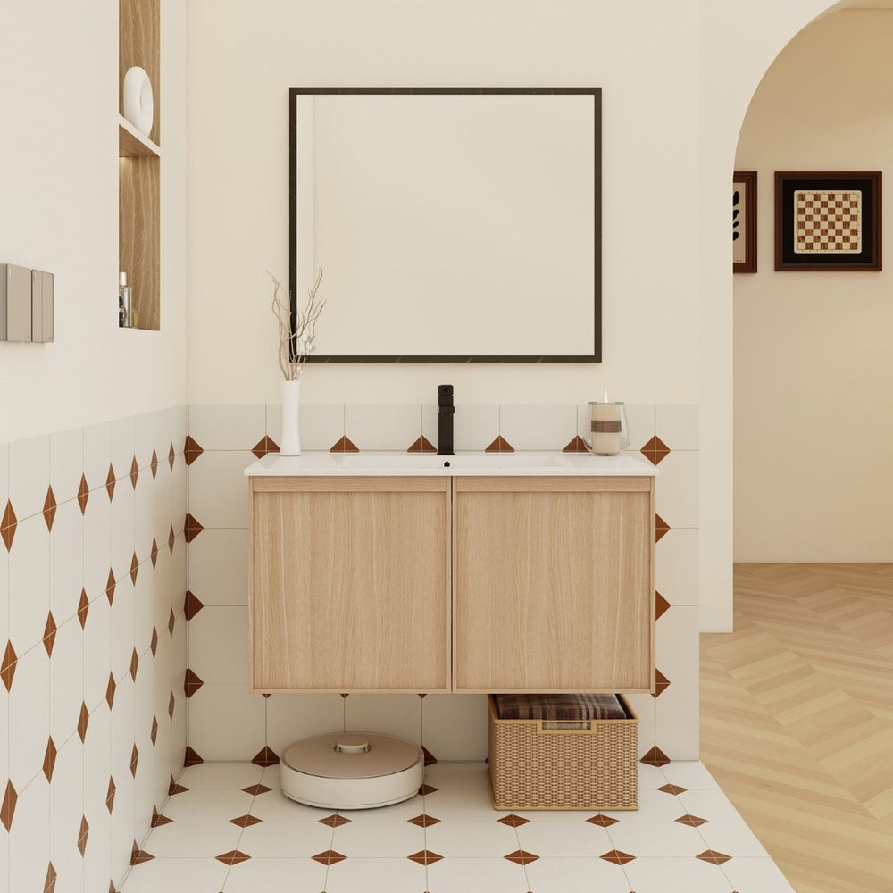 English Elm 36" Floating Bathroom Vanity Light Oak Modular Cabinet with Gel Coat Integrated Sink Glossy White,Light Oak W3450S00067