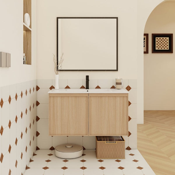English Elm 36" Floating Bathroom Vanity Light Oak Modular Cabinet with Gel Coat Integrated Sink Glossy White,Light Oak W3450S00067