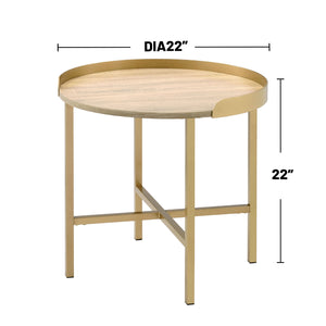 English Elm Round Round End Table with Tray-Style Oak Top and Gold Crossbar Base — Modern, Durable Accent Piece B016P325894