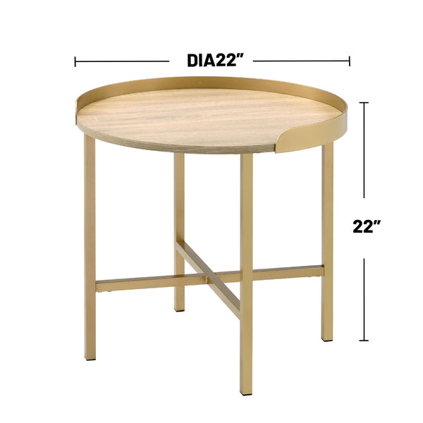 English Elm Round Round End Table with Tray-Style Oak Top and Gold Crossbar Base — Modern, Durable Accent Piece B016P325894