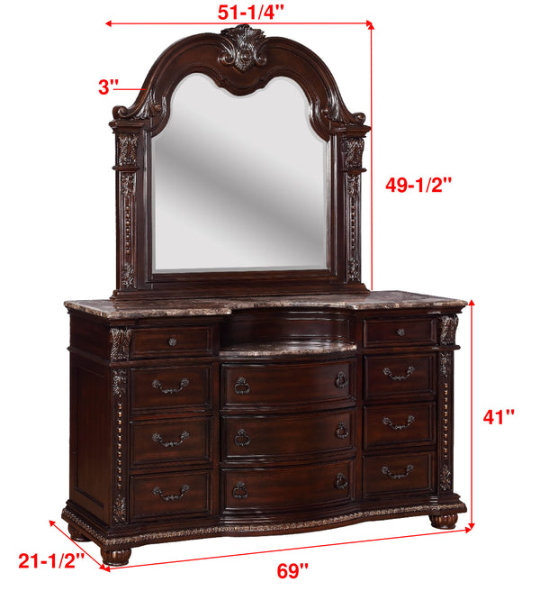 English Elm 1pc Marble Top Five Drawers Tall Chest with Intricate Moldings, Curved Silhouette & Antiqued Hardware Brown,Cherry 71.5 L x 25 W x 42.25 H B2741P366084